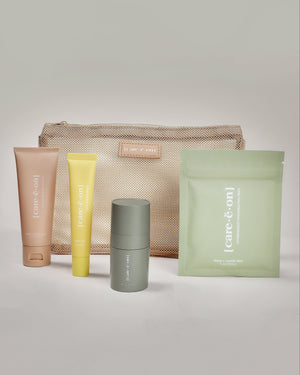 Care.ē.on travel skincare essentials with the Flying Highdration Mask, Layover Lip Mask, In the Clouds Mist, and Hydroboost Highdrating Pad.
